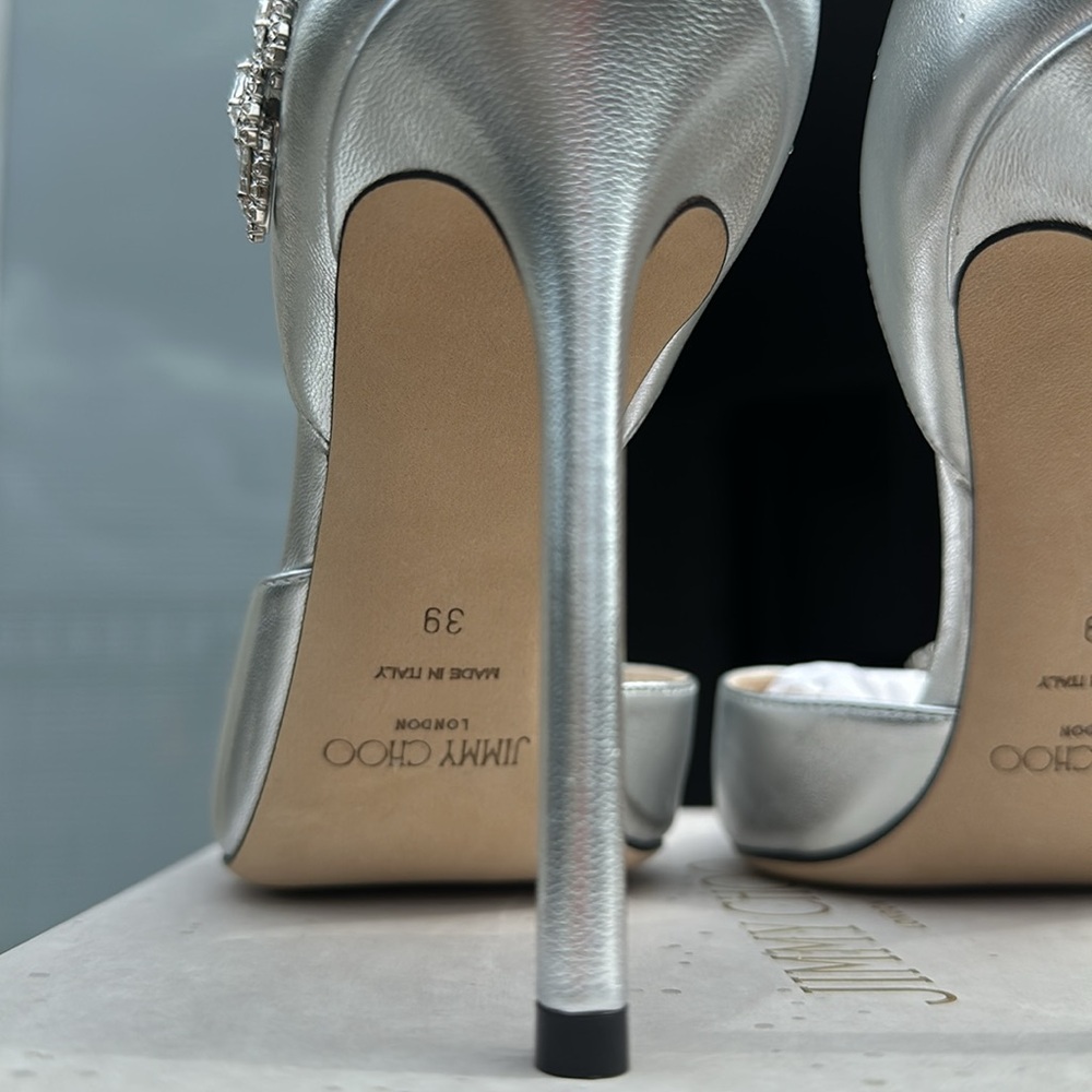 Jimmy Choo Silver Leather Teja Embellished Heels - Picture 8 of 12